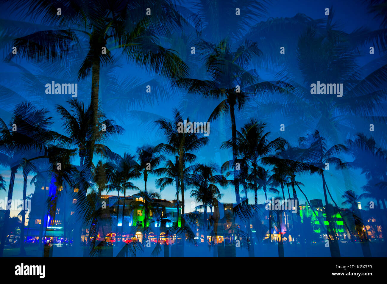 La exposición múltiple ver al anochecer de palmeras y las luces de neón de Ocean Drive en South Beach, Miami, Florida. Foto de stock