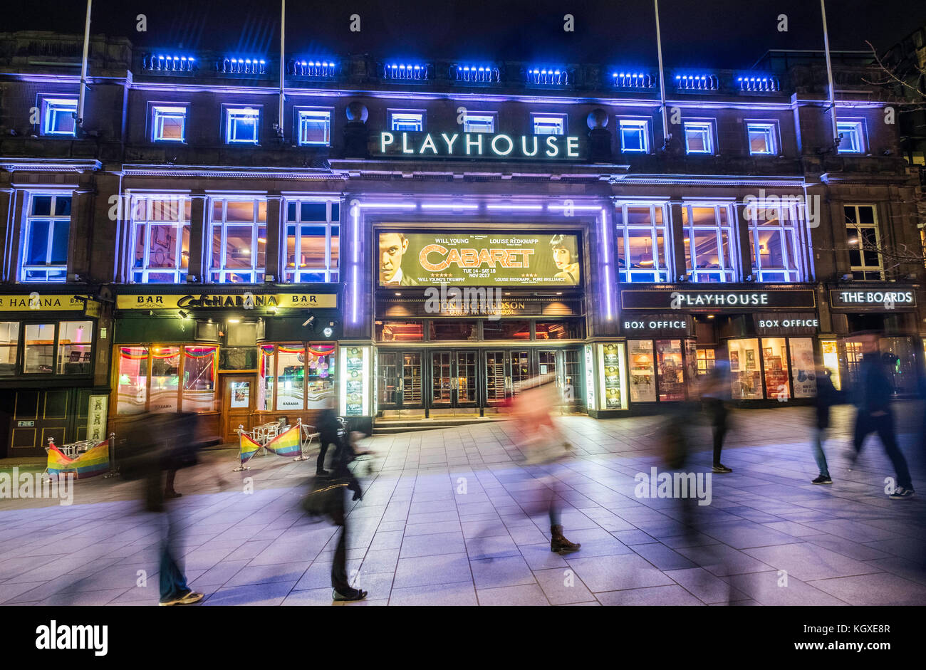 Vista nocturna del exterior del Teatro Playhouse en Edimburgo, Escocia, Reino Unido Foto de stock