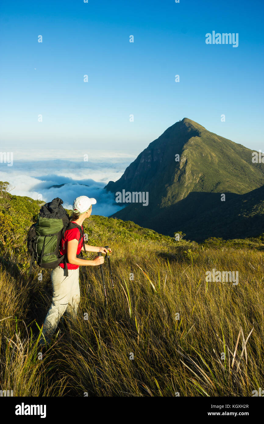 Mujer brasileña excursionismo con mochila y bastones de trekking en el pico del parque estatal de Paraná - Brasil Foto de stock
