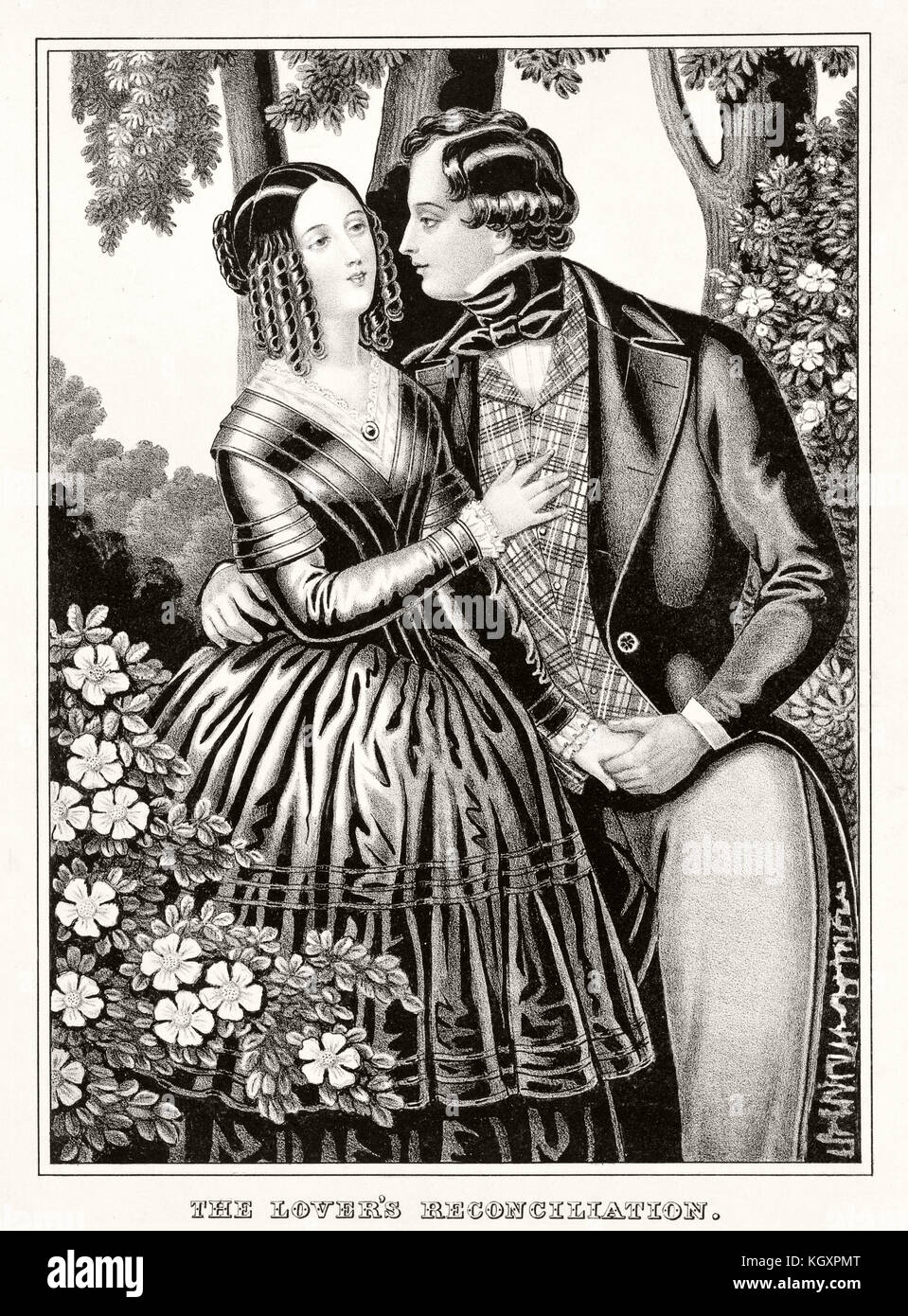 Ilustración antigua representando la reconciliación entre el hombre y la mujer en el amor. Publ. 1846 Foto de stock