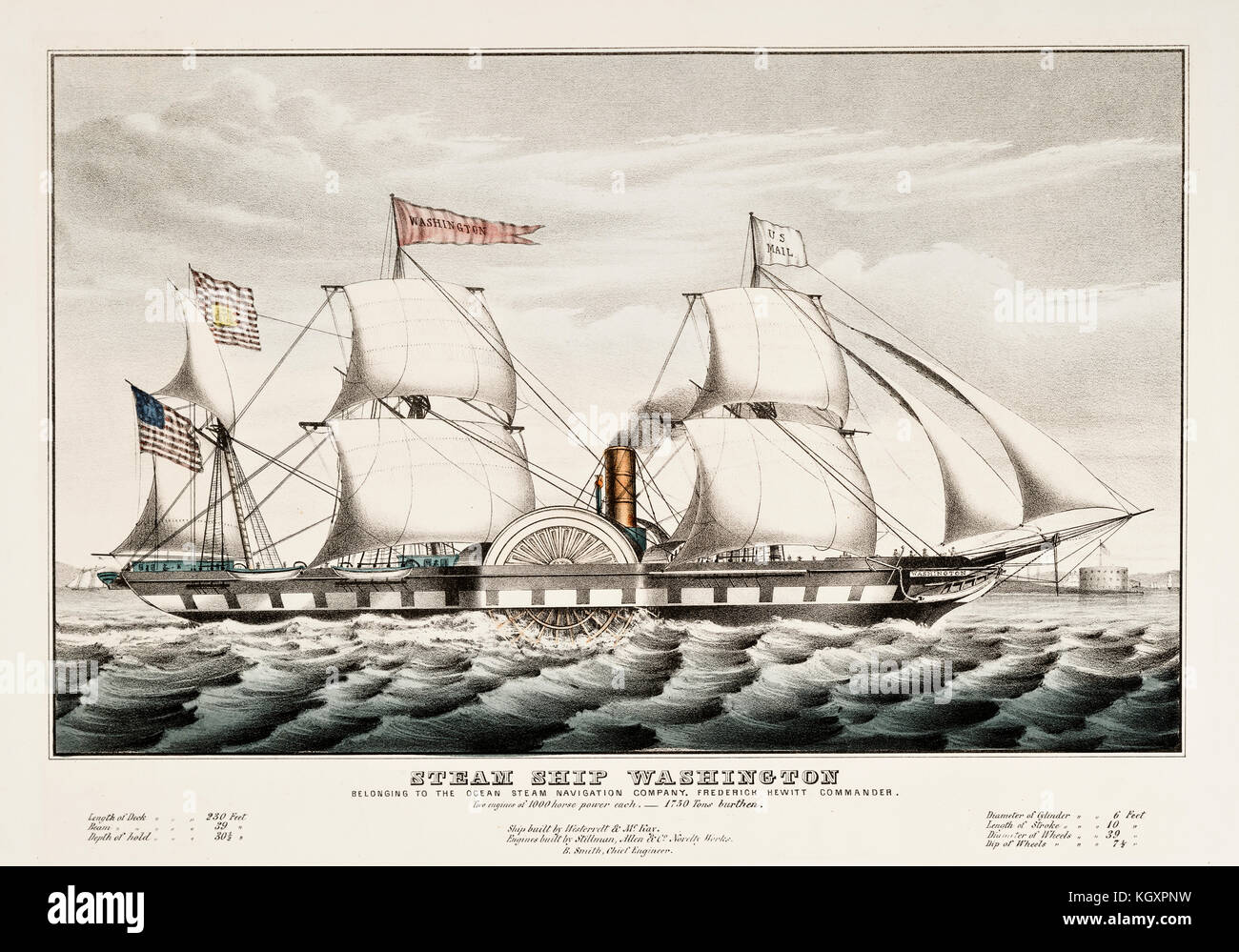 Ilustración del viejo barco de vapor en Washington. Por Currier, publ. en Nueva York, 1847 Foto de stock