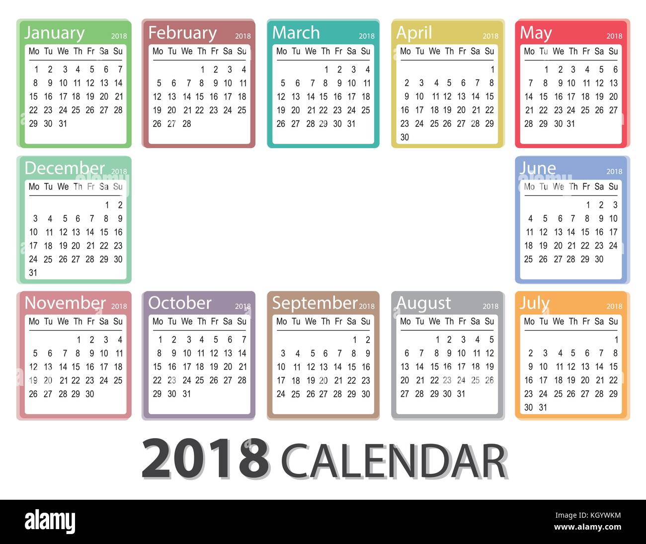 Calendario del año 2018, la semana comienza el lunes, la plantilla de  calendario mensual, 2018 calendario imprimible Imagen Vector de stock -  Alamy