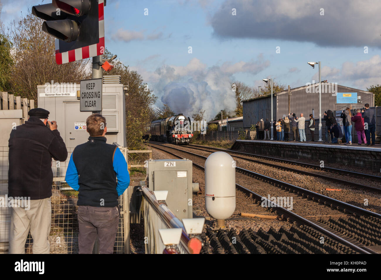 Spooner Row Estación, Reino Unido. 11 Nov, 2017. THE Flying Scotsman en ruta desde Norwich a Ely pasando por Spooner Fila cruzando la estación de crédito: Kevin snelling/Alamy Live News Foto de stock