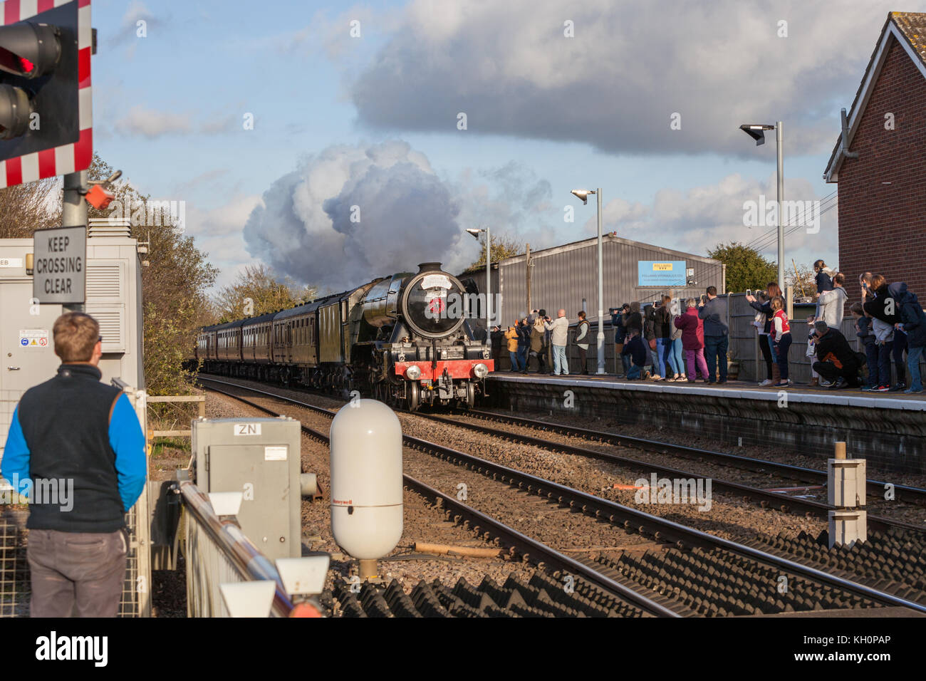 Spooner Row Estación, Reino Unido. 11 Nov, 2017. THE Flying Scotsman en ruta desde Norwich a Ely pasando por Spooner Fila cruzando la estación de crédito: Kevin snelling/Alamy Live News Foto de stock