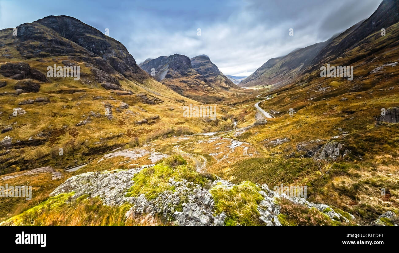 Panorama de las tres hermanas en Glencoe, Highlands en Escocia Foto de stock