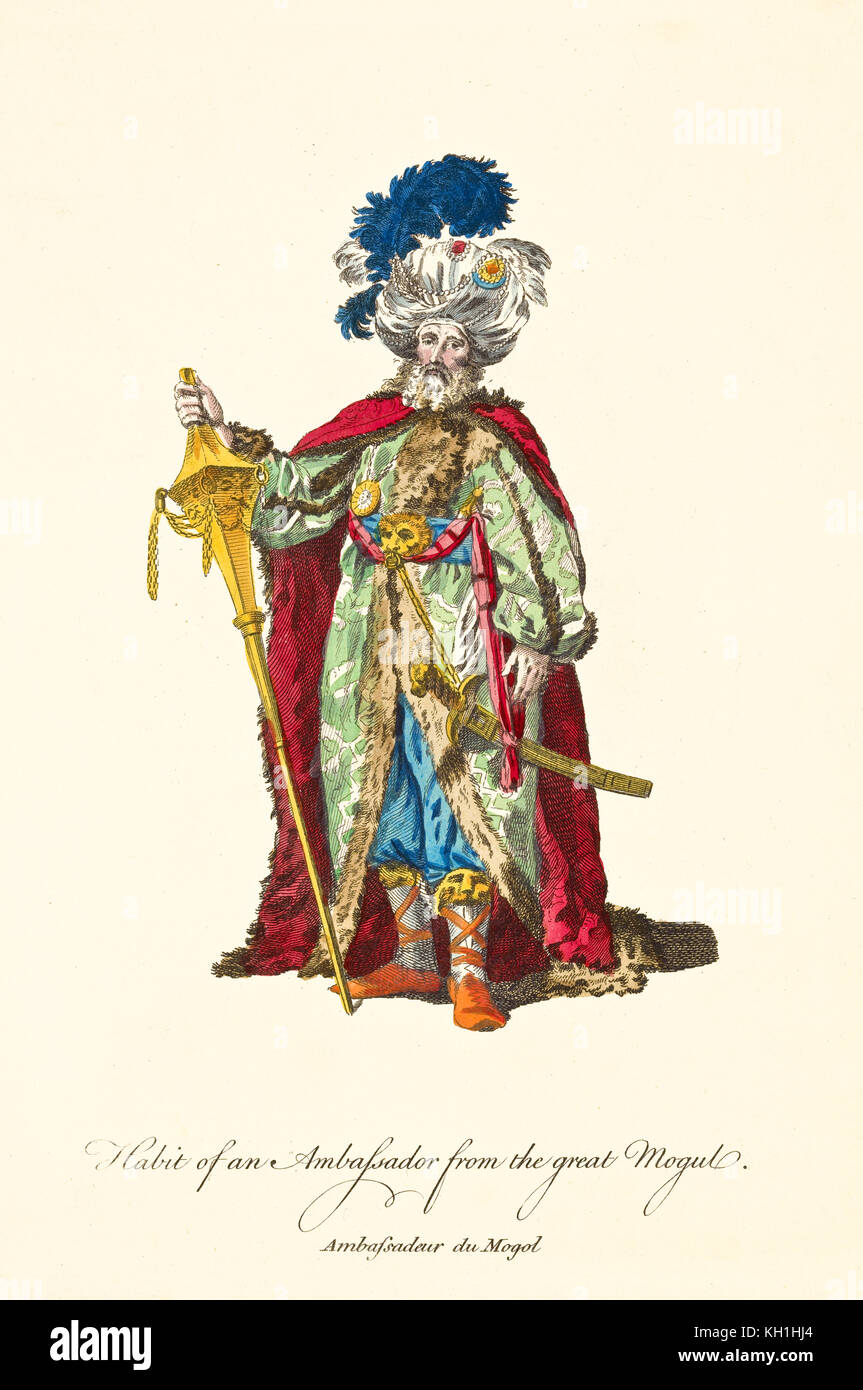 Embajador del Gran Mogul posando en vestidos tradicionales. Turba rica con plumas y joyeros, espada y palo de oro, manto rojo. 1757-1772 Foto de stock