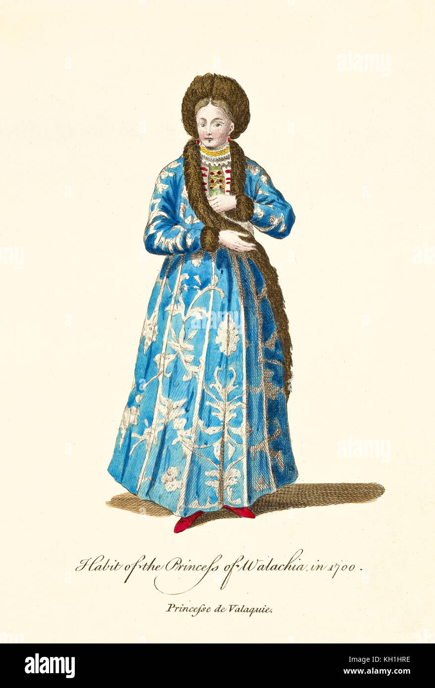 Princesa de Valaquia en vestidos tradicionales de color azul largo en 1700. Antigua ilustración de J.M. Vien, publ. T. Jefferys, Londres, 1757-1772 Foto de stock