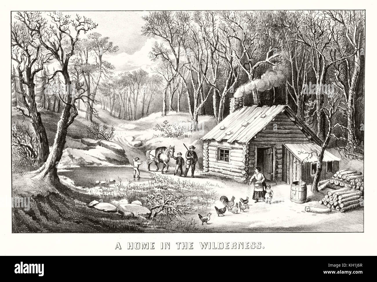 Ilustración de una vieja casa de madera en el bosque. Por Currier & Ives, publ. en Nueva York, 1870 Foto de stock