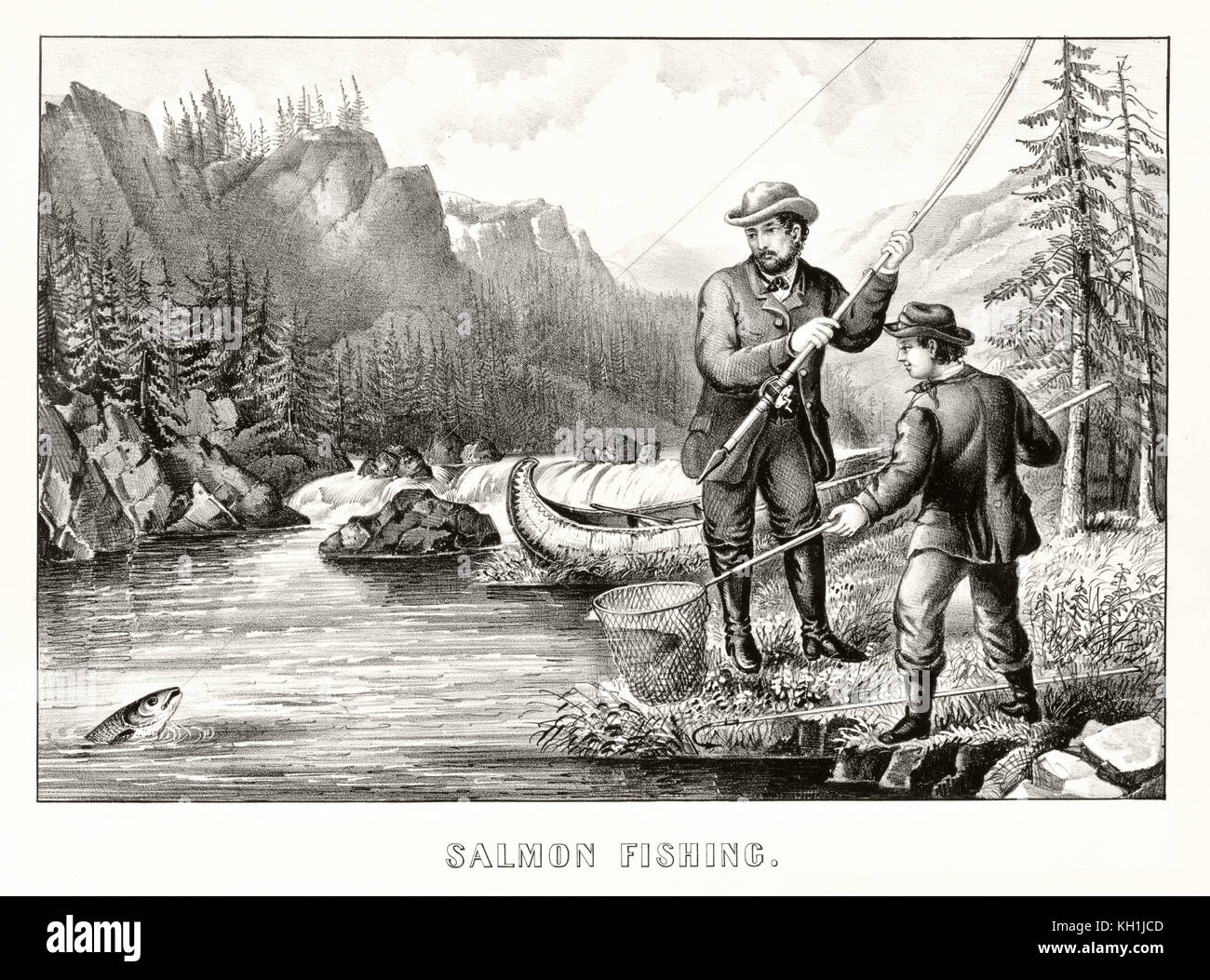 Ilustración antigua representando el hombre y el muchacho la pesca del salmón. Por Currier & Ives, publ. en Nueva York, 1872 Foto de stock