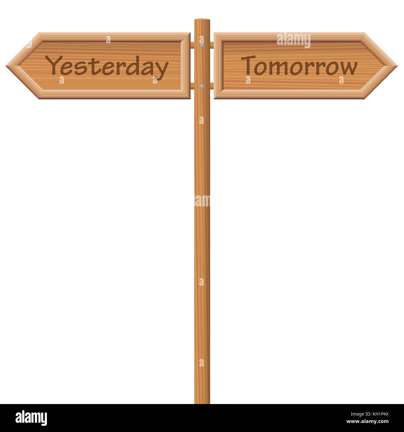 Ayer y mañana, escrito en estilo madera dos señales en dirección opuesta - simbólico para ancientness y modernidad. Foto de stock