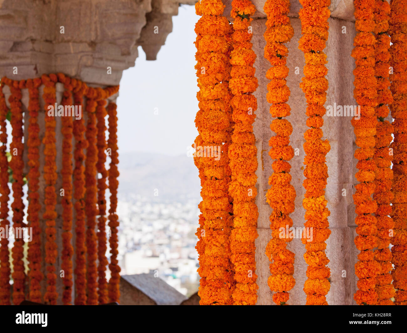 Adornos colgantes hechas de flores de caléndula en una celebración de boda  hindú en Rajasthan, India Fotografía de stock - Alamy