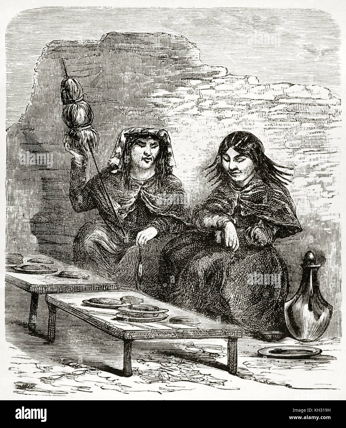 Ilustración antigua de mujeres peruanas vendiendo pasteles. Por Riou, publ. en le Tour du Monde, París, 1863 Foto de stock