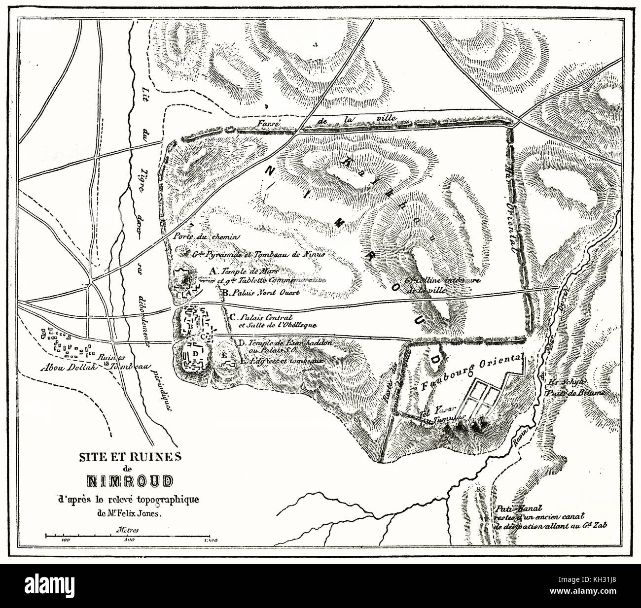 Plan antiguo de Nimrud sitio arqueológico. Después de Felix Jones, publ. en le Tour du Monde, París, 1863 Foto de stock