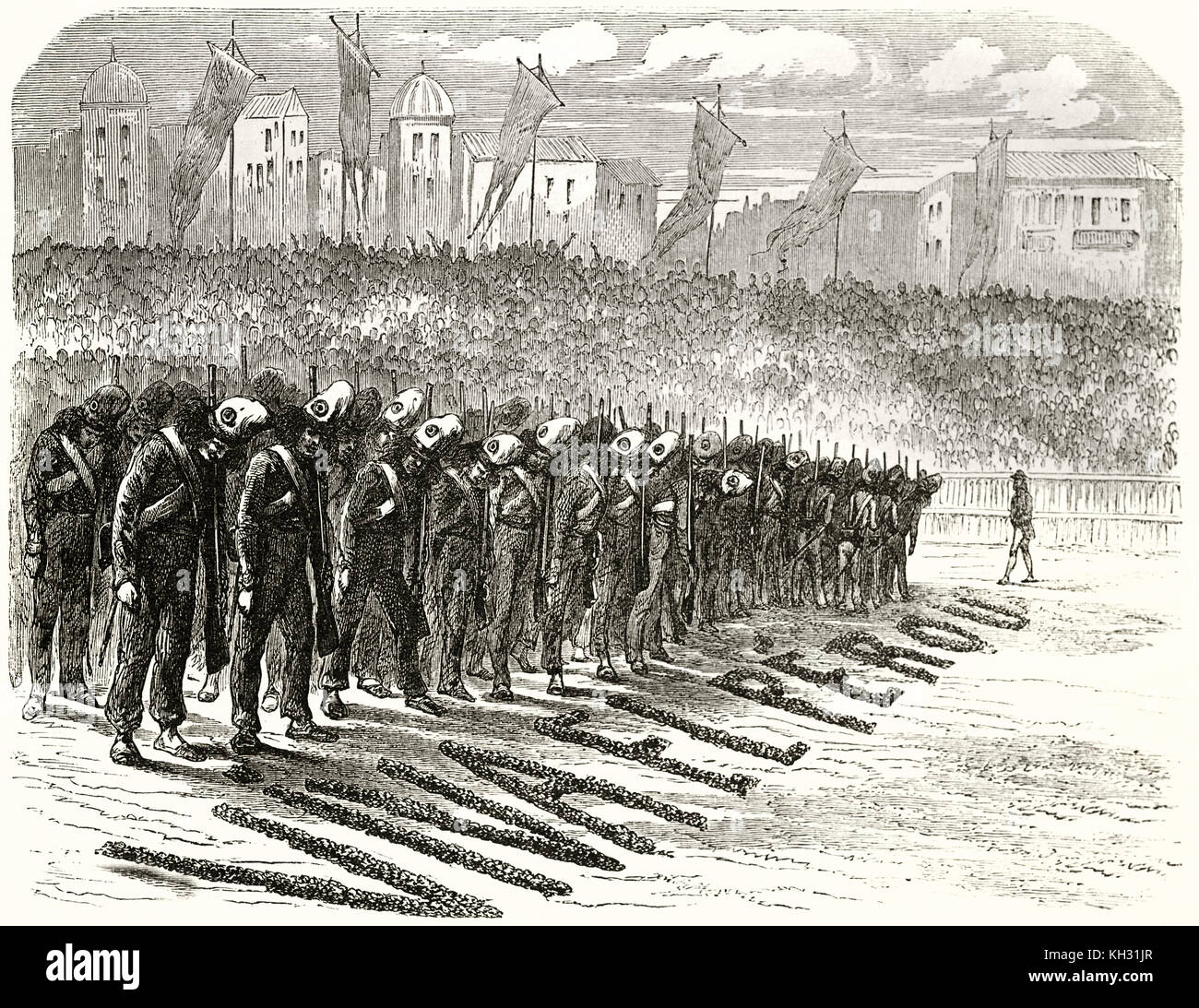 Ilustración del antiguo Ejército Peruano desfile en Cusco. Por Riou, publ. en le Tour du Monde, París, 1863 Foto de stock