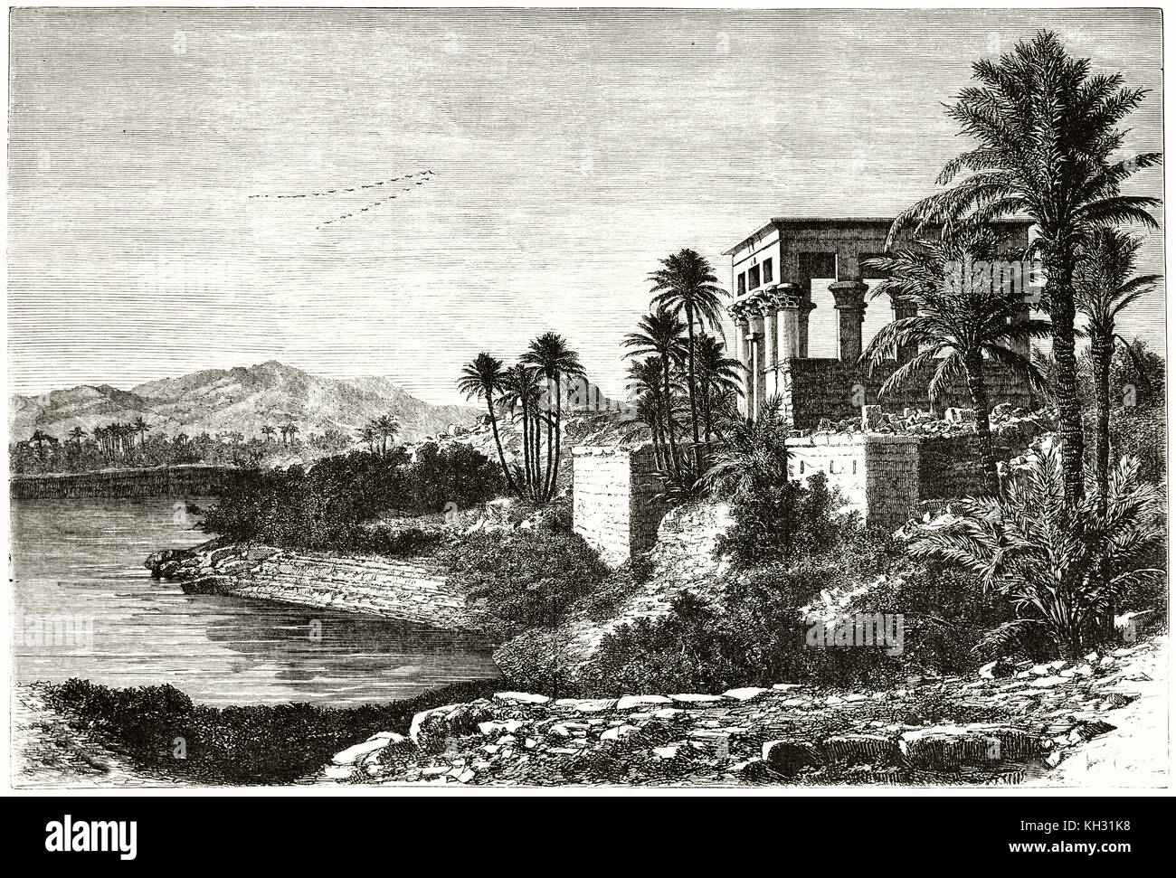 Vista anterior del templo de Isis, la isla de Philae, río Nilo, Egipto. Por De Bar, publ. en le Tour du Monde, París, 1863 Foto de stock