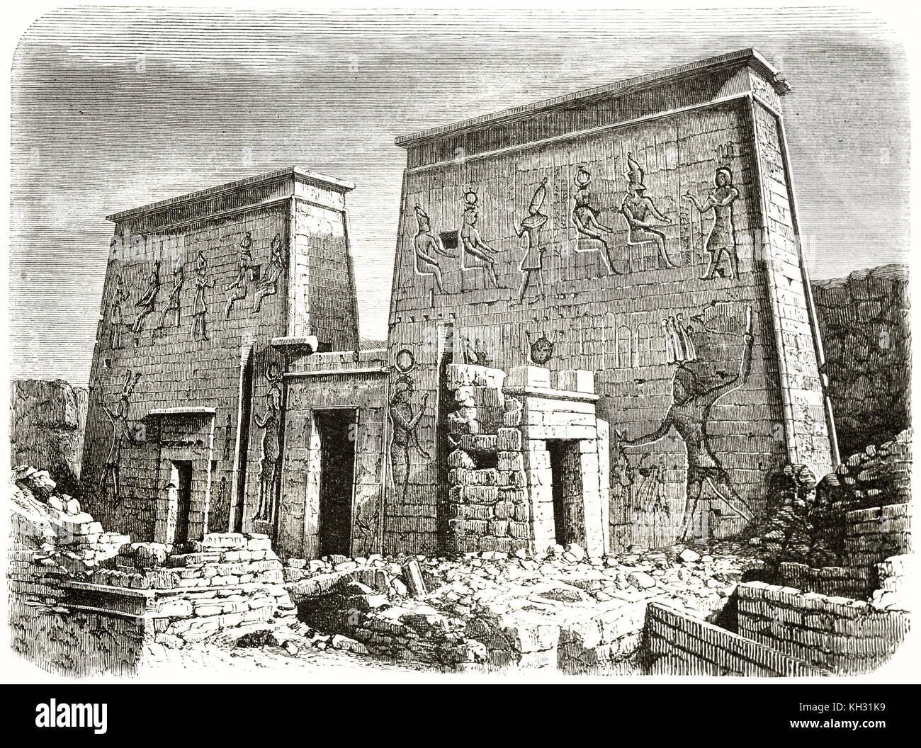 Vista del antiguo templo de Isis pilones en la isla de Philae, Egipto. Por De Bar, publ. en le Tour du Monde, París, 1863 Foto de stock