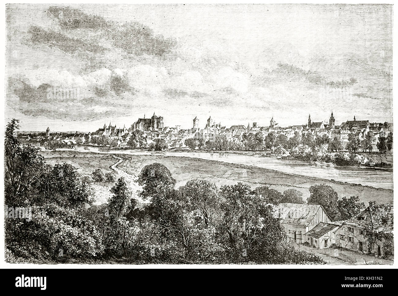 Vista anterior de Regensburg desde Stadtamhof, Alemania. Por Lancelot, publ. en le Tour du Monde, París, 1863 Foto de stock