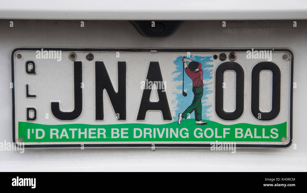 Matrículas de Vehículos personalizados representando un golfista, Queensland, Australia Foto de stock
