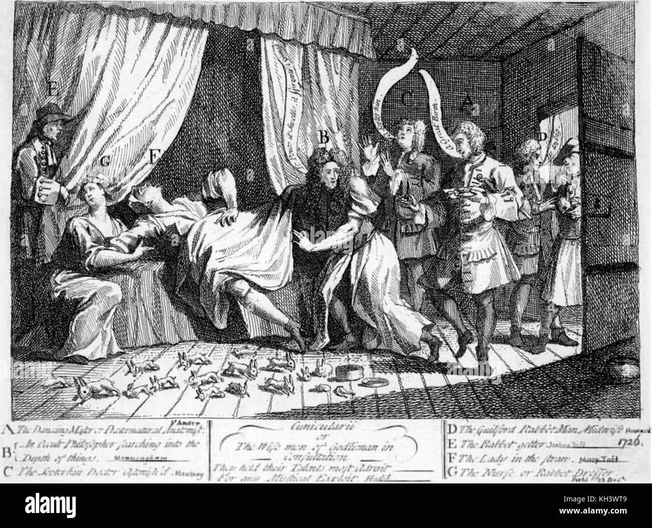 Mary toft, mujer inglesa de Godalming, Surrey, que en 1726 los médicos engañados haciéndoles creer que había dado a luz a la rabbitshogarth cunicularii, o los sabios de godliman en consulta Foto de stock