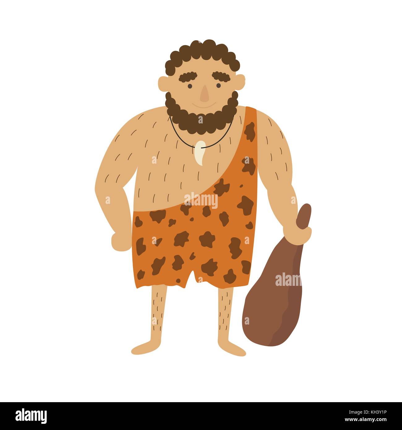 El hombre primitivo de la edad de piedra en piel animal pelt con garrote enorme. Ilustración del Vector