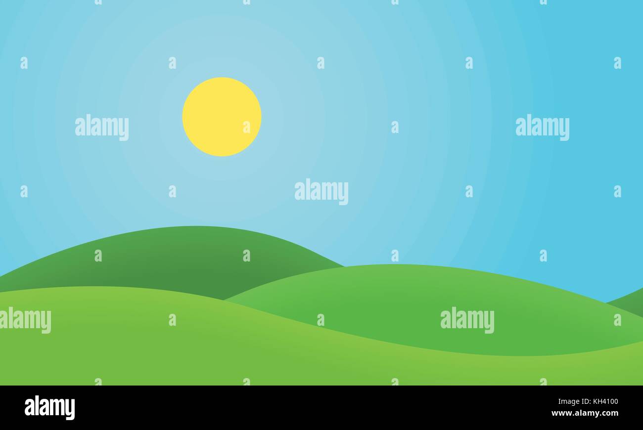 Diseño plano paisaje con colinas de hierba y resplandeciente sol bajo un cielo azul - vector Ilustración del Vector