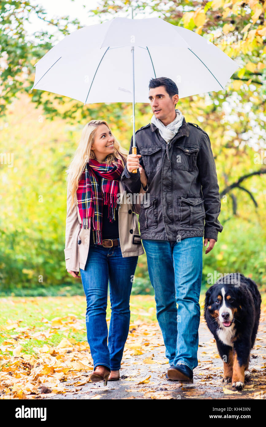 La mujer y el hombre que camina con el perro en el otoño de lluvia Foto de stock