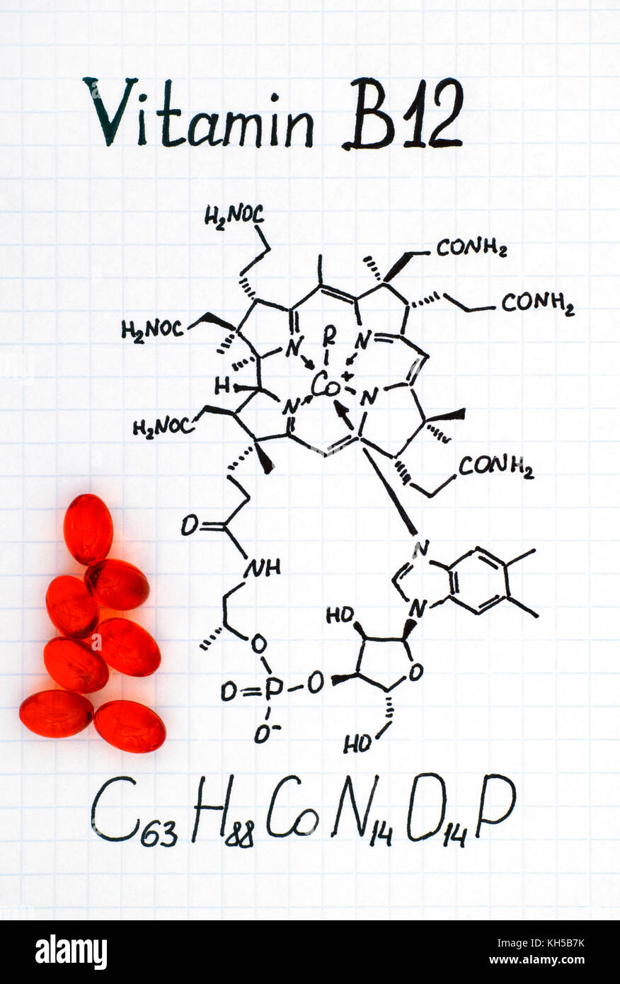 La fórmula química de la vitamina B12 y algunas pastillas de color rojo