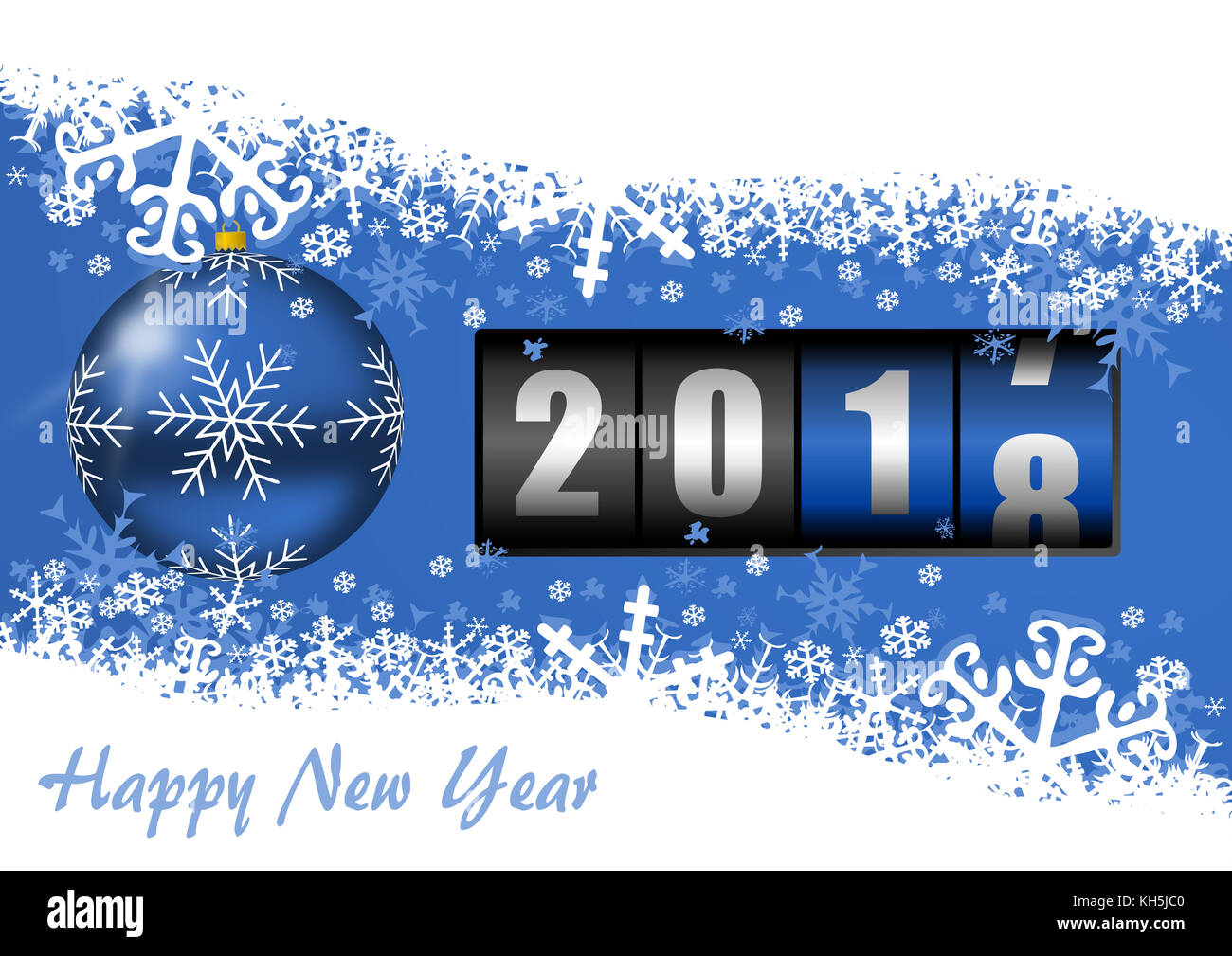 Nochevieja 2018 Tarjeta de felicitación con contador y bolas de Navidad fondo azul con copia vacía espacio para el texto Fotografía de stock Alamy