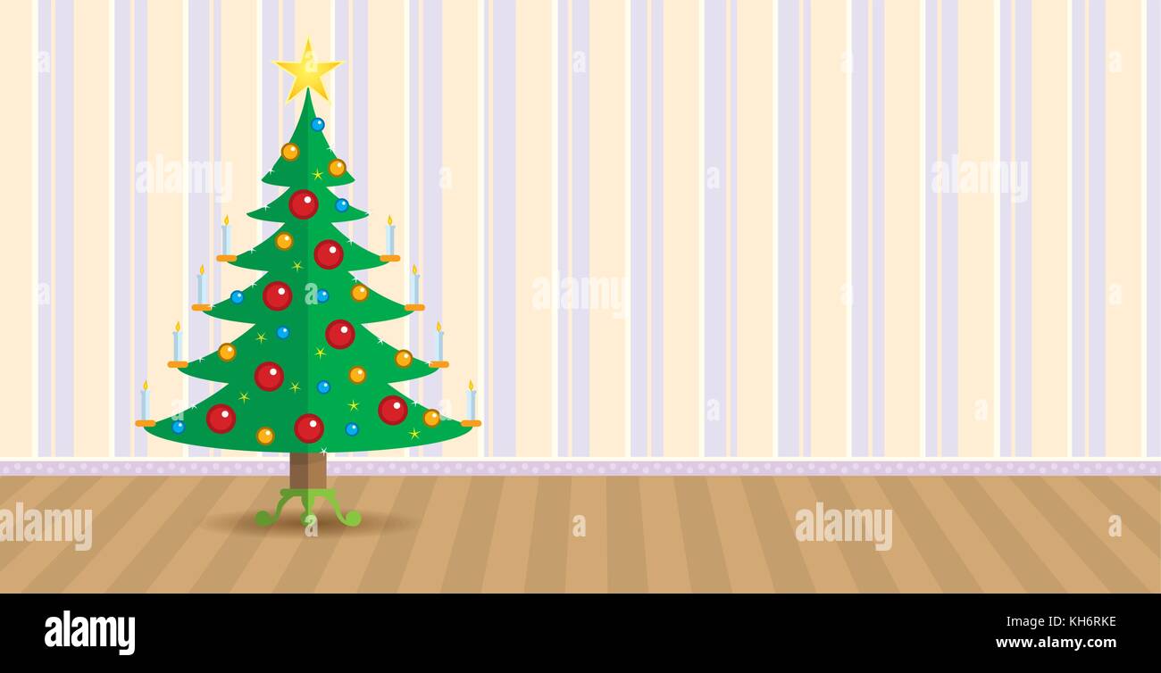 Árbol de navidad decorado con velas encendidas en el interior de una  habitación con papel pintado en la pared del fondo. imagen de vectores con  espacio de copia Imagen Vector de stock -
