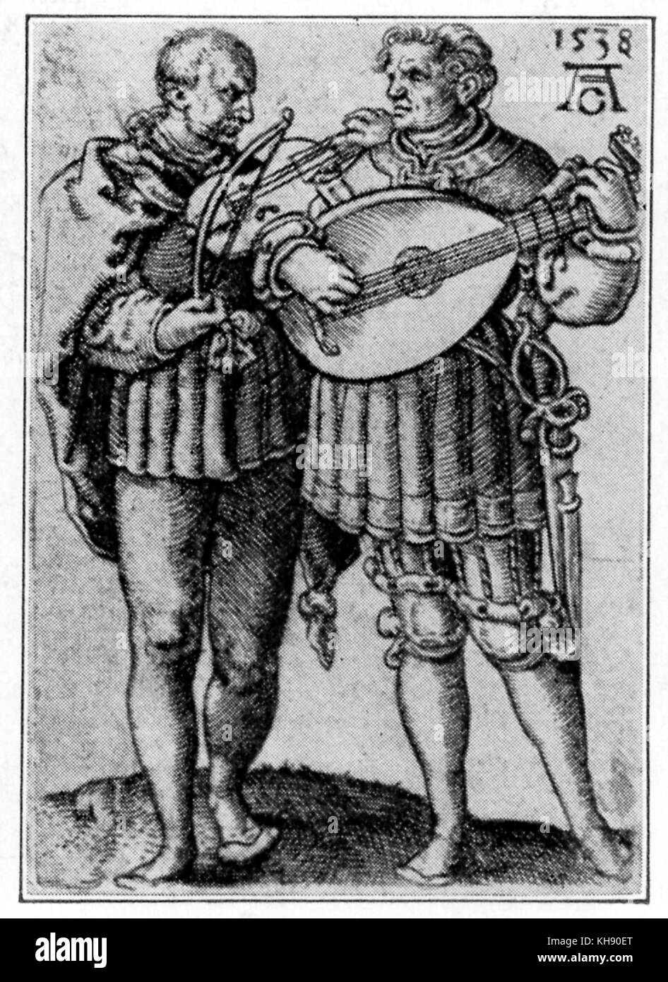 Los intérpretes de laúd y viola (1538). Grabados de la serie 'Hochzeitstanzer' por Heinrich Aldegrever. Ja: pintor y grabador alemán, 1502-1555 o 1561. Foto de stock