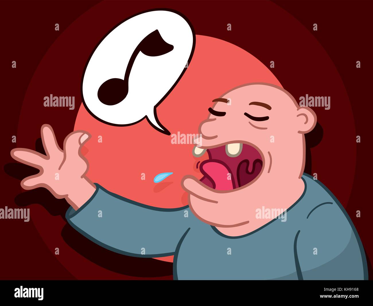 Ilustracion De Dibujos Animados De Un Hombre Calvo Cantando Una Cancion Con Su Boca Abierta Mostrando Dos Dientes Con Una Nota Musical En Un Discurso De Burbuja Como El Realiza Imagen Vector