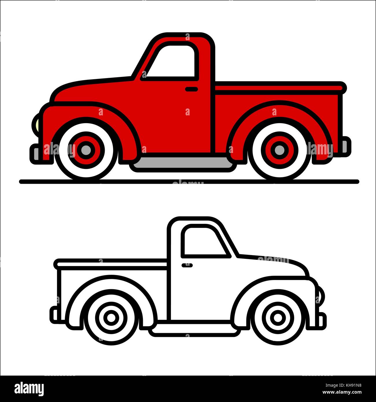 Dos dibujos de dibujos de dibujos de camionetas de dibujos animados  clásicos, uno rojo y uno negro y blanco, en vista lateral, ilustración  vectorial Imagen Vector de stock - Alamy