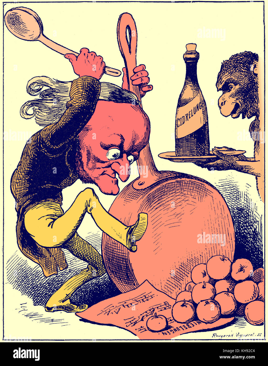 Wagner la Tetralogue - Caricatura de André Gill grabado por Rougeron Vignerot. Un chimpancé Wager presenta una botella con 'Cidrelungen" escrito en la etiqueta (referencia a Nieleungen) ciclo de óperas. Se sugiere que él ha sido capaz de superar el gusto francés de "l'Art du cri cri' y premio a sí mismo todas las manzanas de Francia. Foto de stock