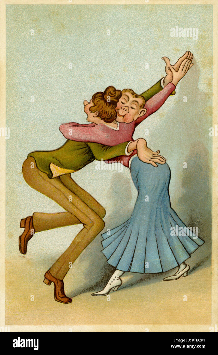 Pareja de bailarines - cartoon ilustración. Postal, a principios del siglo XX. Foto de stock