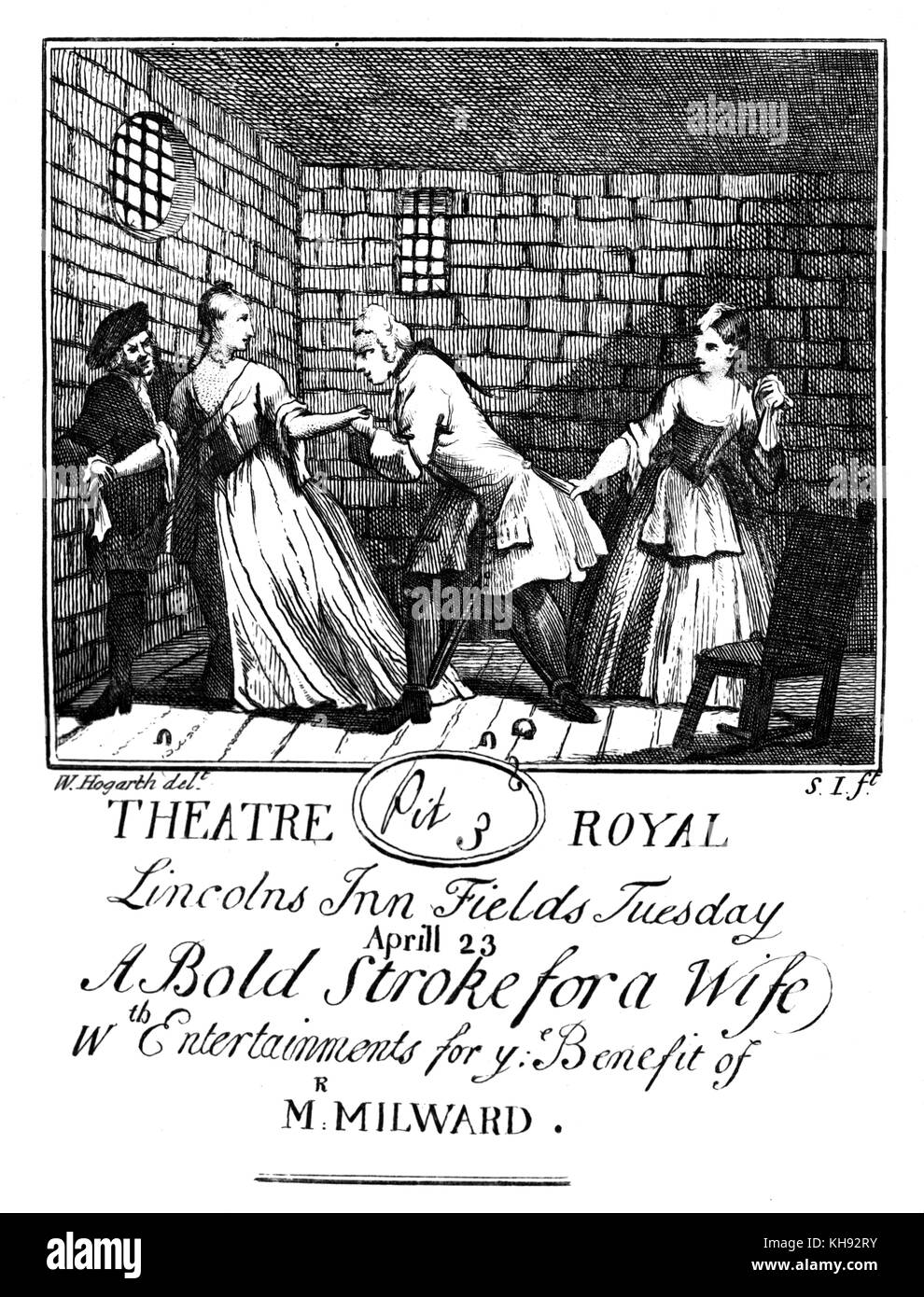 Bold el trazo de una esposa - billete ilustrado por William Hogarth. Jugar por Susanna Centlivre actuó en el Teatro Royal, Lincoln's Inn Fields, Londres (23 de abril de 1728). Asiento: Hoyo 3. Protagonizada por Milward. Grabado por Samuel Irlanda. SC: dramaturgo, poeta y actriz, c.1667/1670 - 1 de diciembre de 1723. Foto de stock