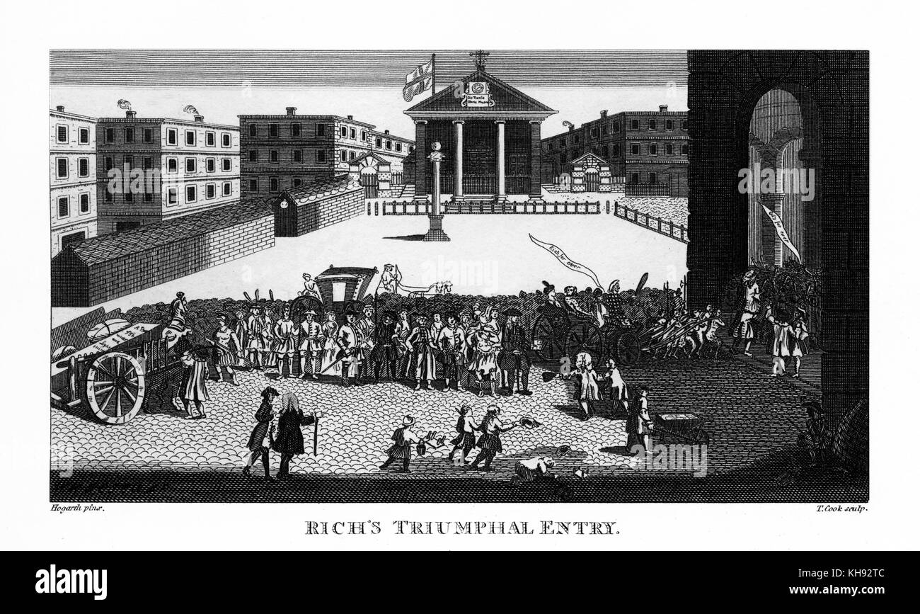 "La gloria de ricos" - Dibujo de William Hogarth. Grabado por T. Cook. John Rich la entrada triunfal en el Covent Garden de Londres Sitio de opera, 1729. También conocida como "la gloria de ricos". Primera casa abierta 7 dic 1732. Royal patente concedida a John ricos por su padre Christopher. (Covent Garden opera house conocido como el Teatro Real, porque de esto). Enorme éxito de Gay's mendigos opera en el Lincoln Inn campos dieron suficiente dinero para crear el primer teatro de Covent Garden. Foto de stock