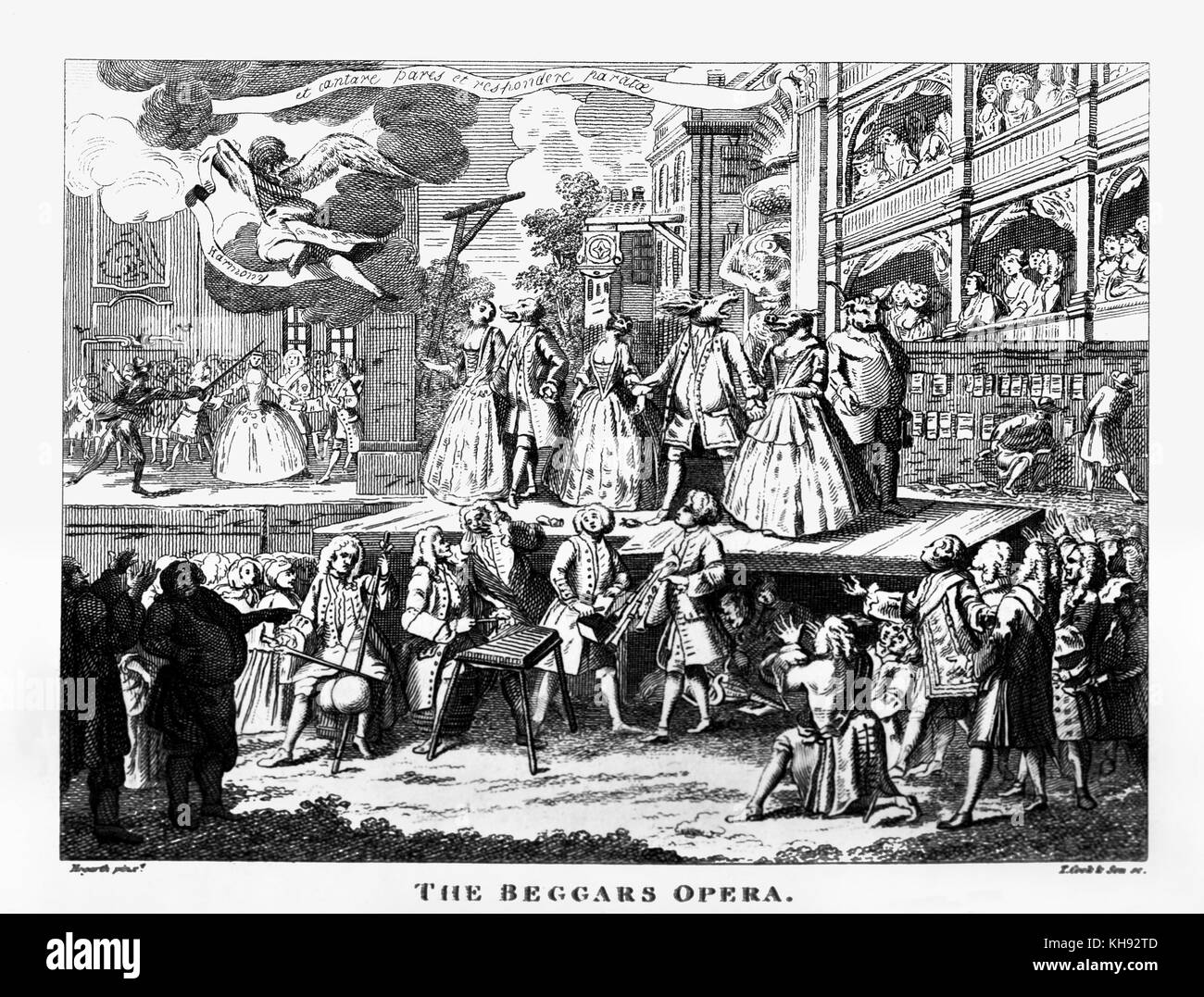 The Beggar's Opera - grabado de William Hogarth . Escena de ballad opera por el dramaturgo y poeta inglés John Gay y con música del compositor alemán, Johann Christoph Pepusch. John Gay: 30 de junio de 1685 - 4 de diciembre de 1732. Johann Christopher Pepusch: 1667-1752. William Hogarth: 10 de noviembre de 1697 - 26 de octubre de 1764. Foto de stock