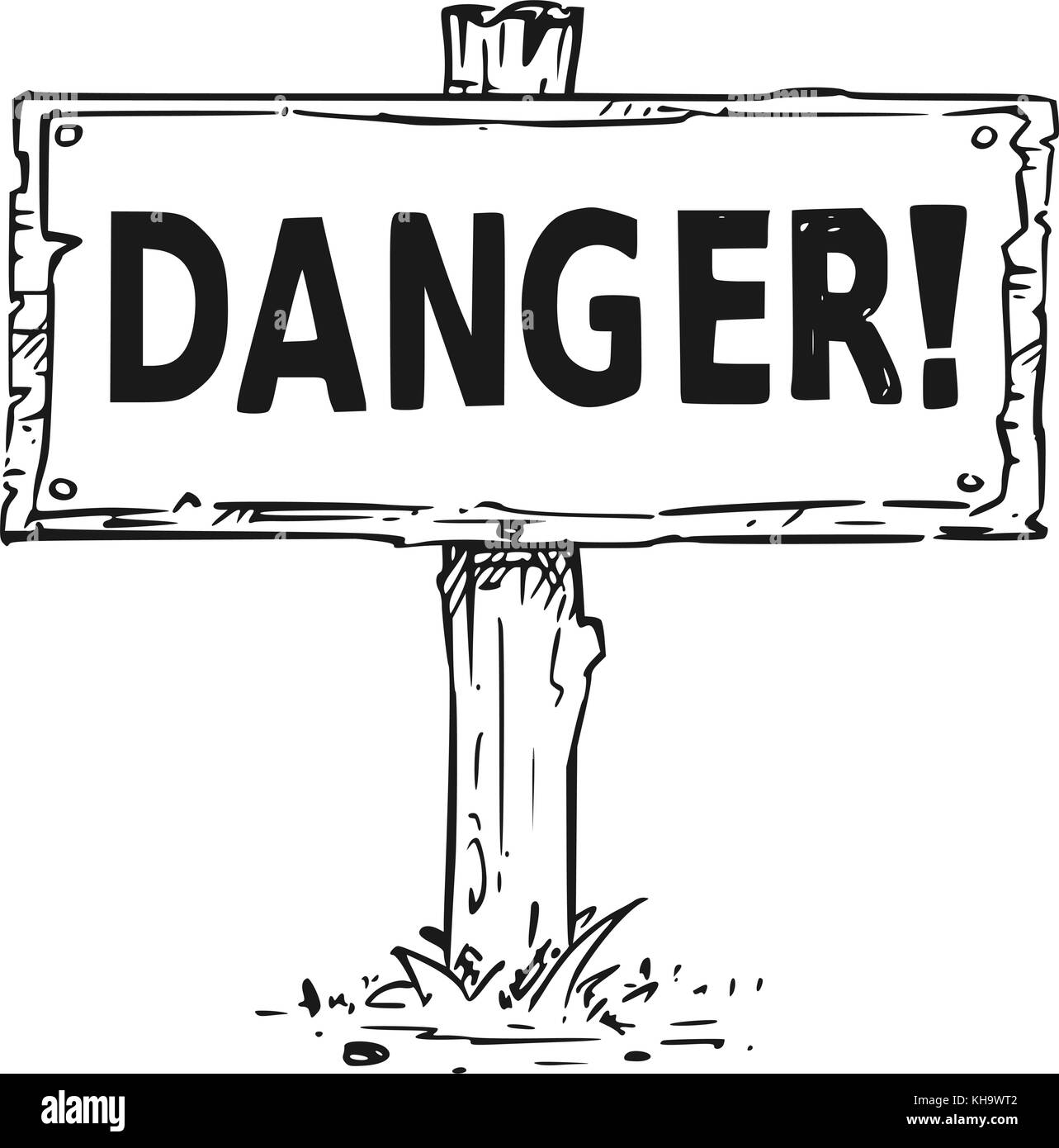 Dibujo Vectorial del letrero de madera con signos de exclamación y peligro textos comerciales. Ilustración del Vector