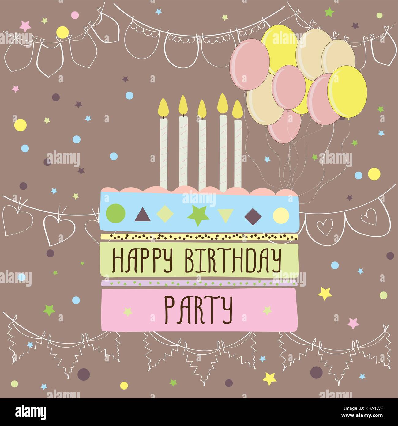 Happy Birthday Party ,lindo tarjeta con pastel, globos y velas. ilustración  vectorial Imagen Vector de stock - Alamy