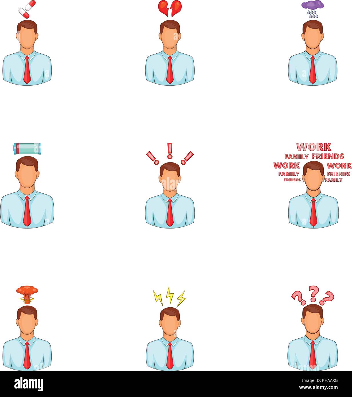 El estrés y la depresión, conjunto de iconos de estilo de dibujos animados  Imagen Vector de stock - Alamy
