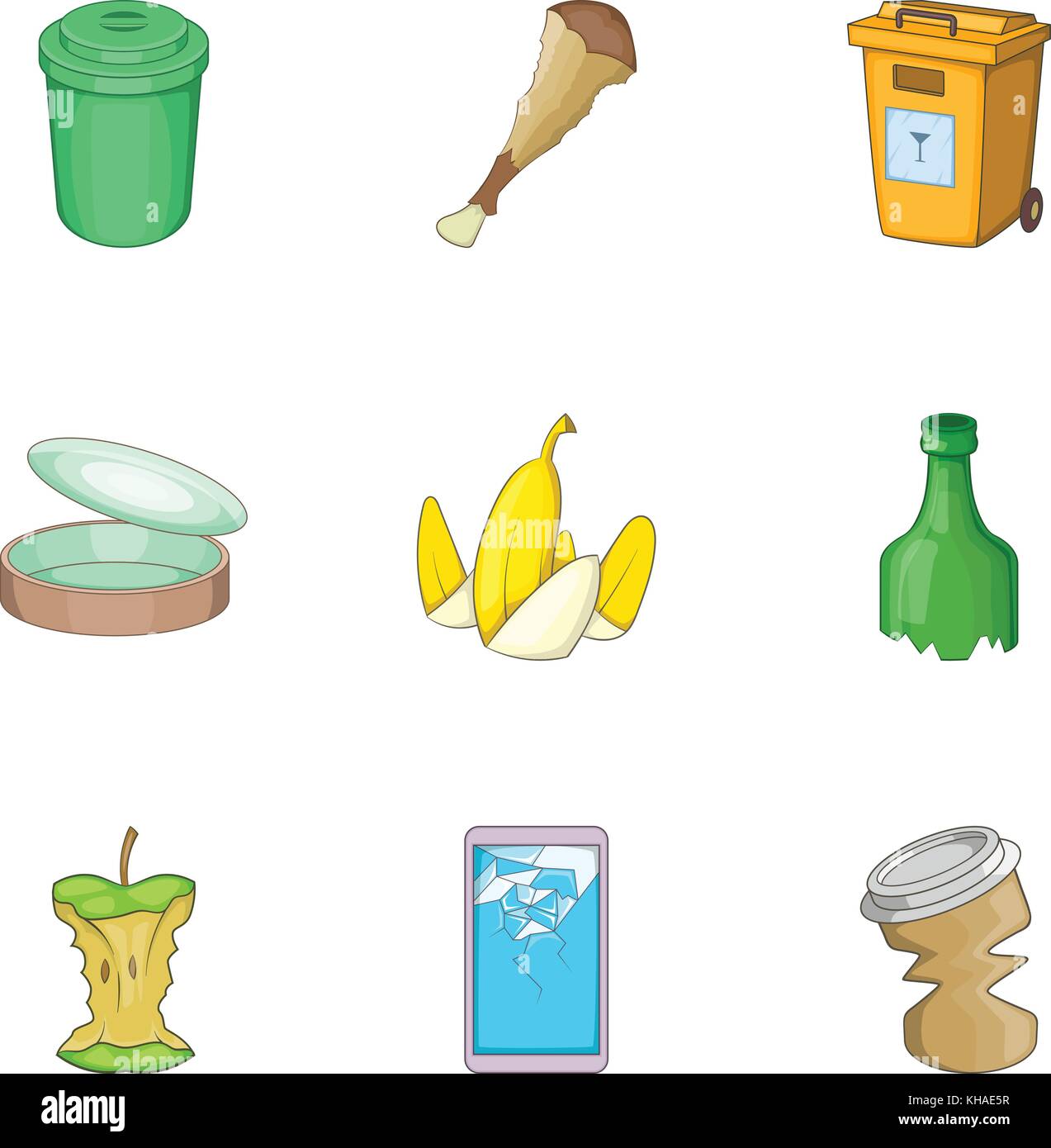 Basura y reciclaje, conjunto de iconos de estilo de dibujos animados Imagen  Vector de stock - Alamy