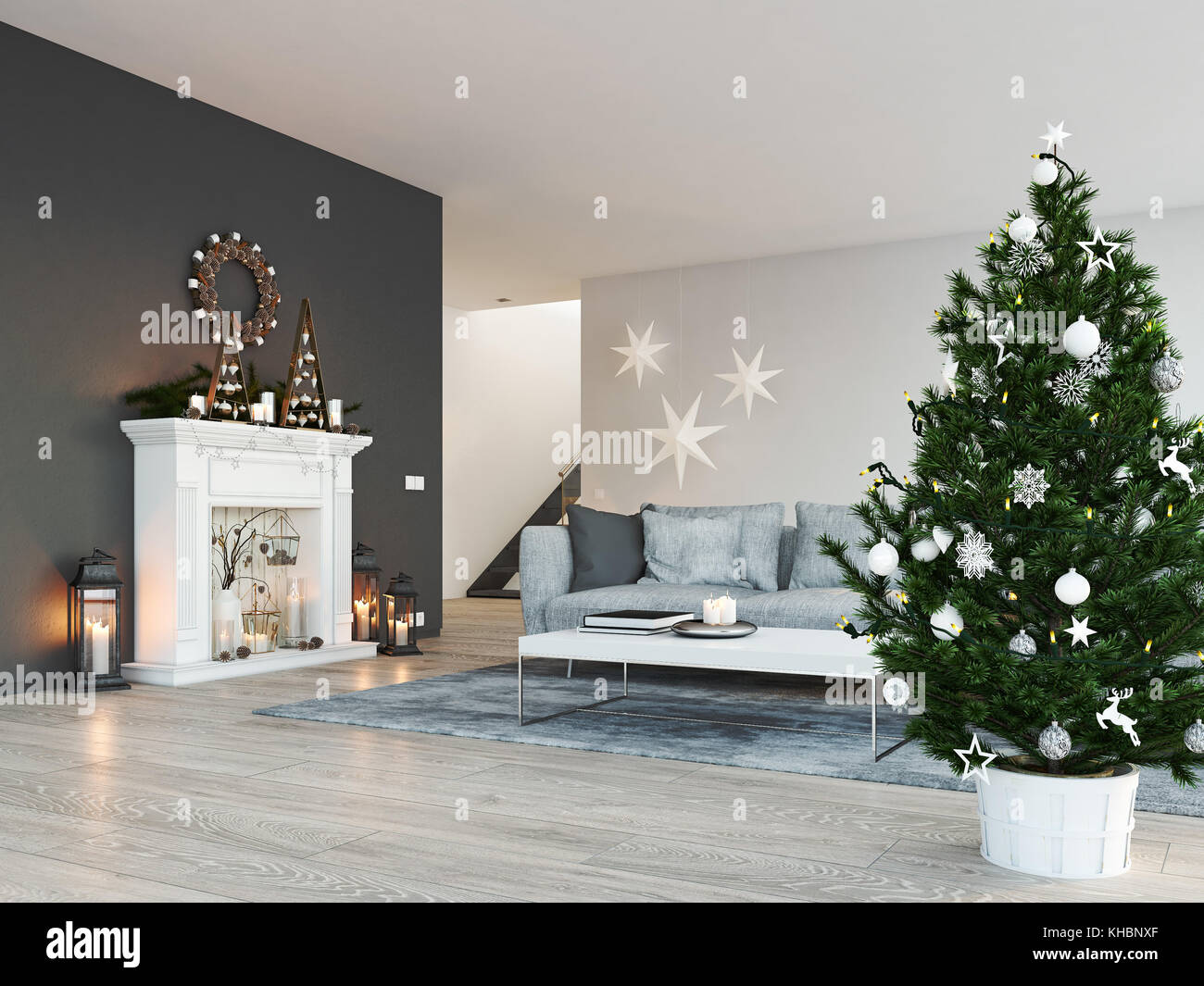 3D rendering. Casa con chimenea en apartamento moderno. La decoración de  Navidad Fotografía de stock - Alamy