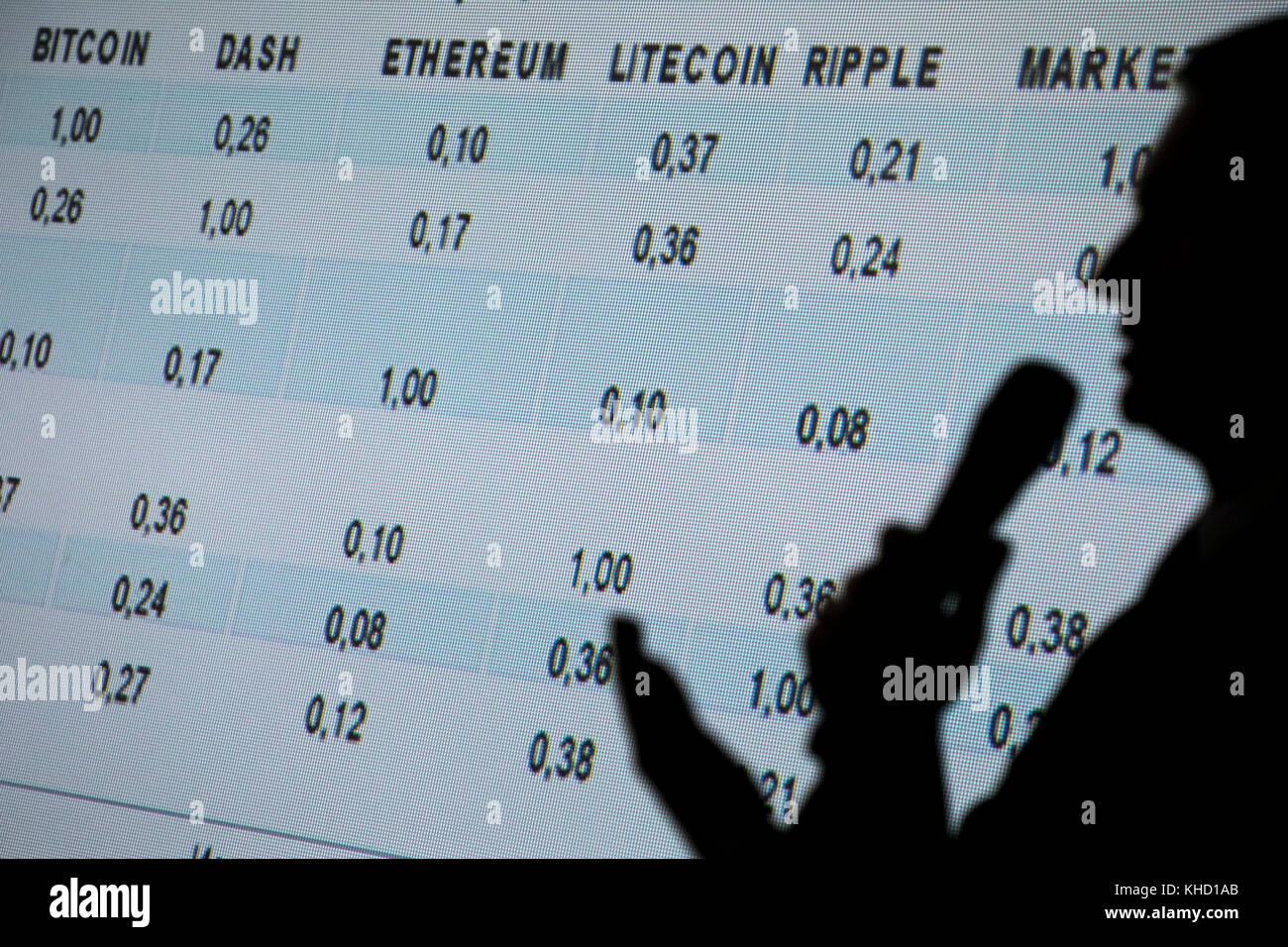 Un orador en una presentación de la situación actual con los principales crypto-monedas en el mercado sobre la conferencia y Blockchine Bitcoin Foto de stock