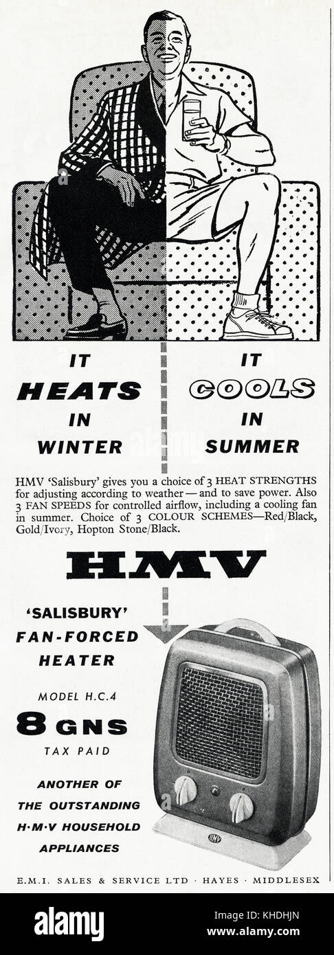 1950 Antiguo anuncio original vintage revista británica Publicidad impresa  Publicidad calentador de ventilador por HMV Electrodomésticos por EMI de  Hayes, Middlesex, Inglaterra fecha 1958 UK Fotografía de stock - Alamy