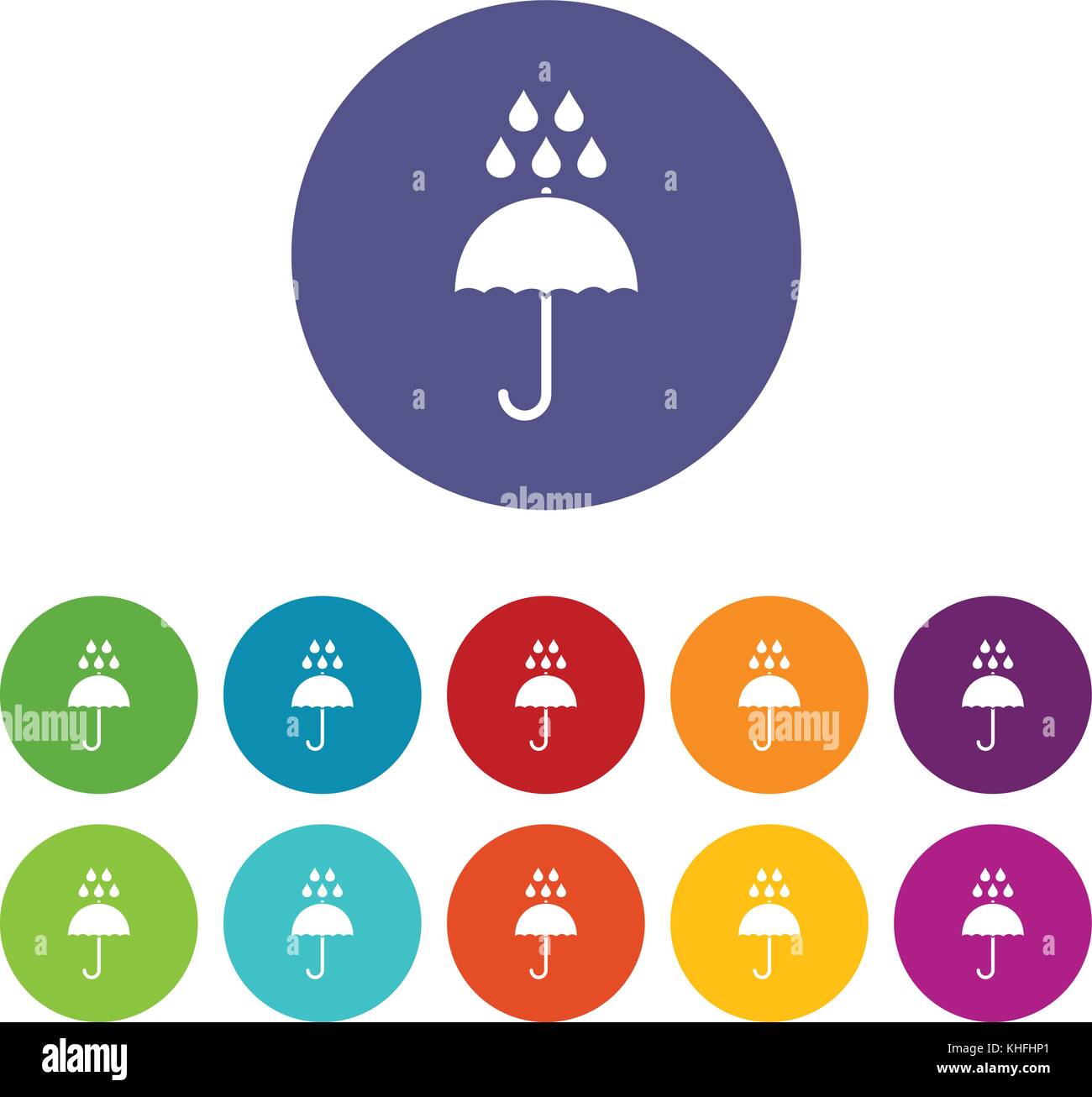 Paraguas y gotas de lluvia establecer iconos en diferentes colores aislado sobre fondo blanco. Ilustración del Vector