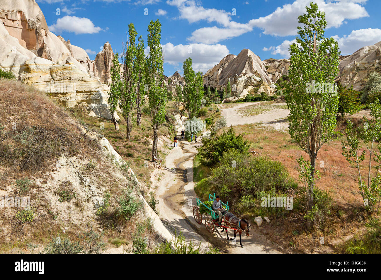 Vista sobre las formaciones volcánicas con excursionistas y un carro de caballos, en Cappadocia, Turquía. Foto de stock