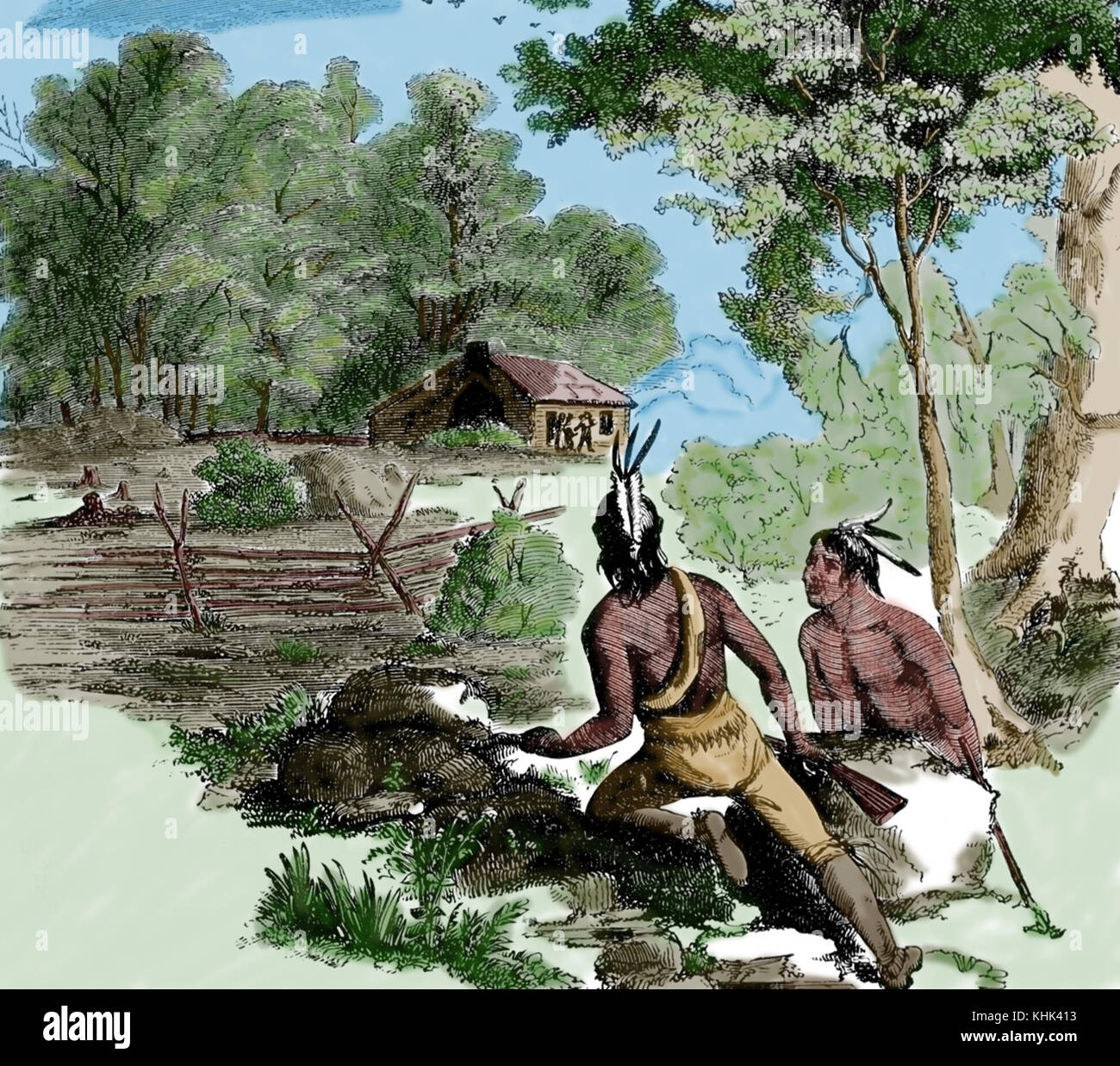 La colonización europea de América del Norte. indios atacando a los primeros colonos. Siglo xvii. Foto de stock