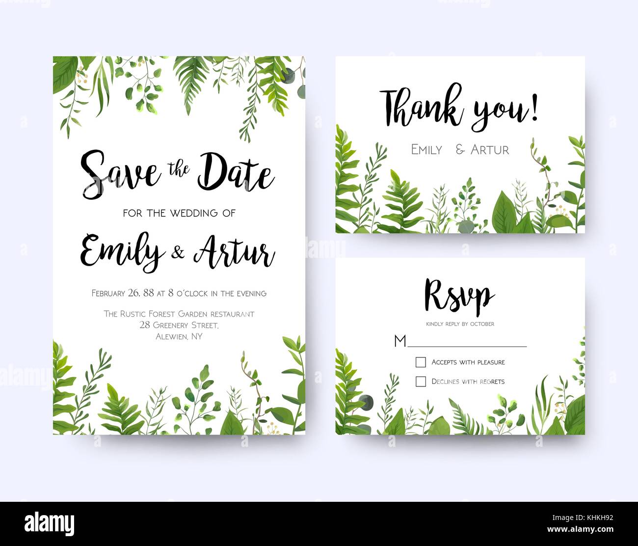 Invitación de boda invitación, RSVP menú gracias tarjeta verde floral