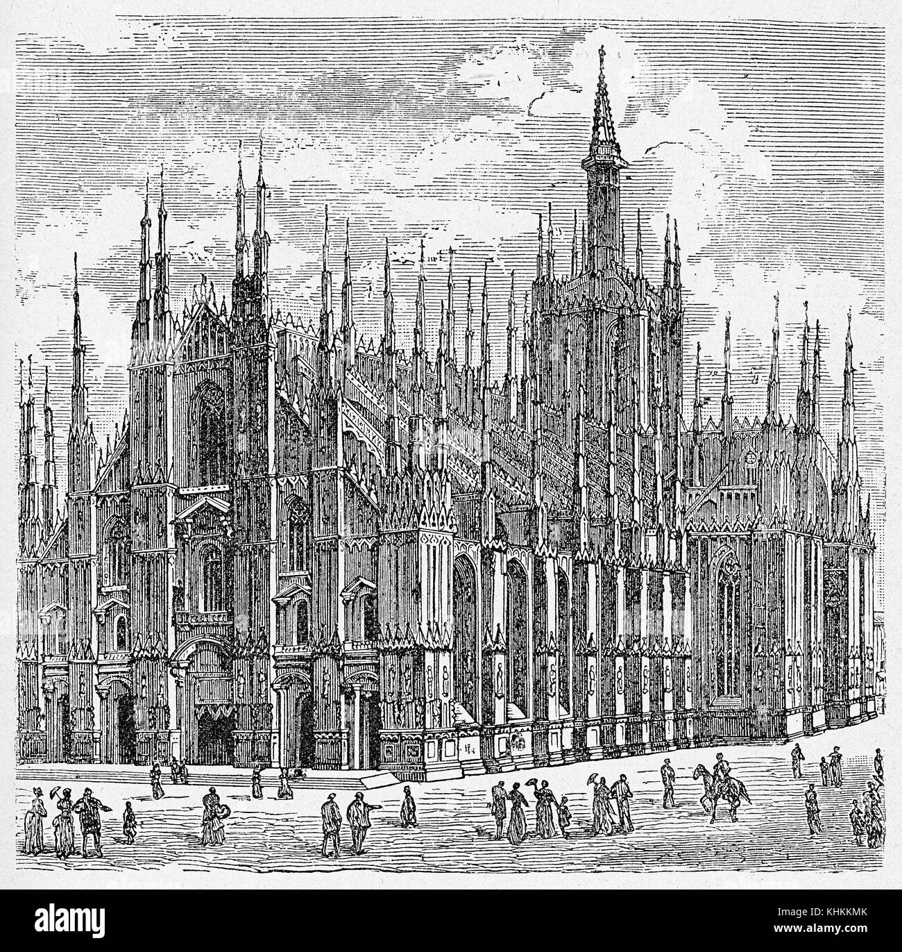 En estilo gótico de la catedral de Milán, el inmenso edificio renacentista, la tercera iglesia más grande del mundo. La basílica la construcción tomó casi seis siglos y fue consagrada en el siglo XVI. Foto de stock