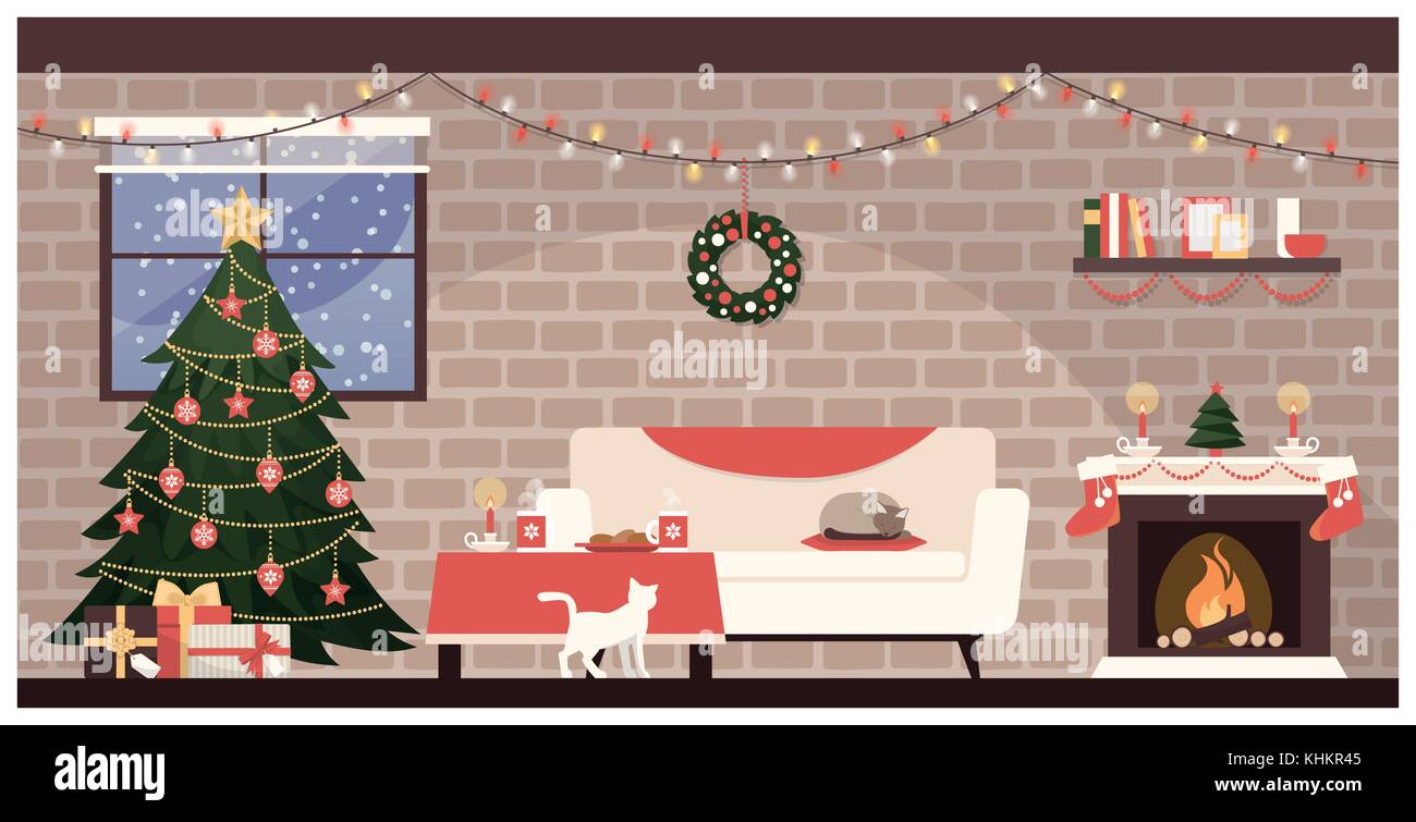 Casa tradicional en navidad interior decorado con árboles, regalos y dulces en la mesa Ilustración del Vector